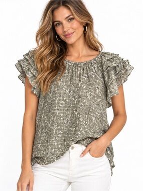 Nation Los Angeles Women's‎ Sage Green Floral Ruffle Sleeve Blouse
